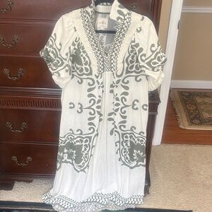 Umgee White Midi Dress with Olive-Green Pattern